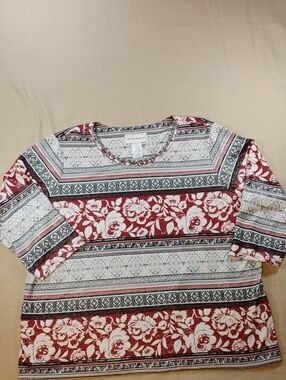 Alfred Dunner Burgundy Floral & Stripe Short Sleeve Top